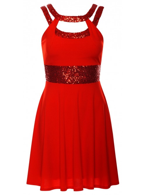 Red Glitzy Sequin Skater Party Dress | Free Delivery to UK & Ireland