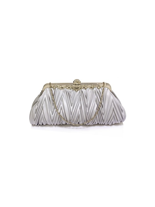Crystal Silver Satin Evening Clutch bag with chain