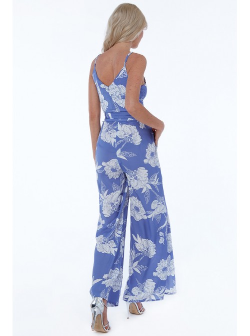 Davina Floral Blue print wide leg wrap style jumpsuit with pockets