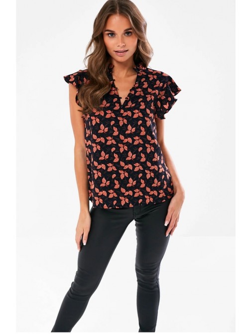 Gina Navy & natural Leaf Print Short Sleeve blouse top by Marc Angelo