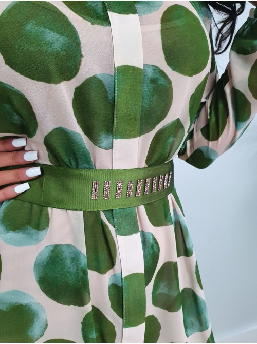 Rachel cream and green polka dot maxi shirt dress with gold stud detail on the belt from Arggido