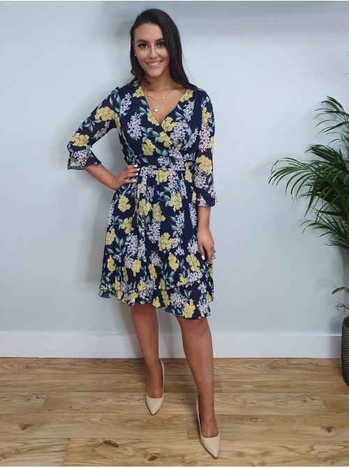 Aria Navy with Yellow Flowers Midi Dress with belt