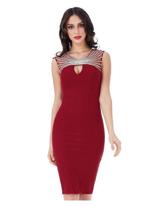Kayla Wine Scarlet Red Embellished Fitted Midi Dress
